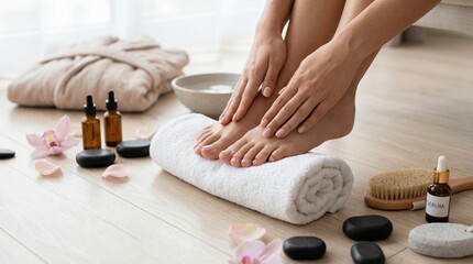 Woman massaging her feet on soft towel surrounded by spa products and essential oils in relaxing wellness setting