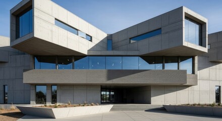 Fototapeta premium A modern concrete building features a striking geometric design with cantilevered sections and large glass windows.