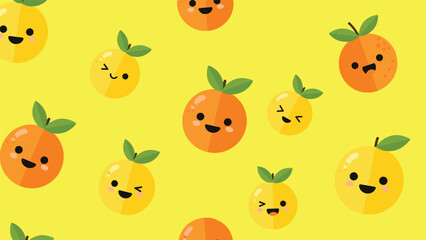 Obraz premium Seamless pattern of cute cartoon oranges and lemons with smiley faces on bright yellow background for kids room decor.