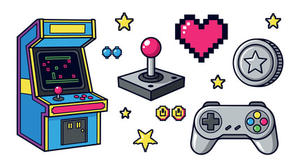 Retro Gaming Icons with Arcade Machine and Controller. © Kai_