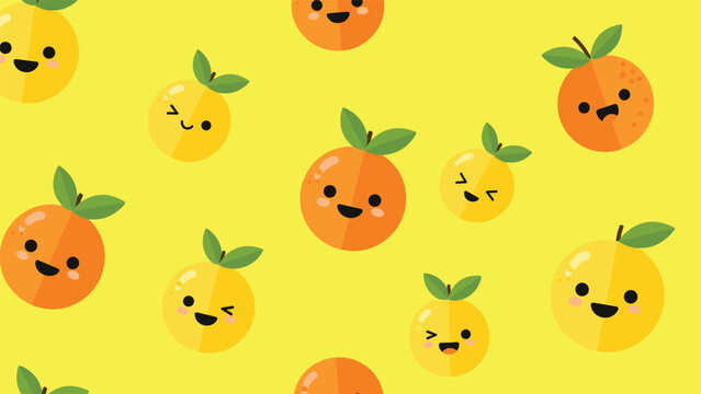 Seamless pattern of cute cartoon oranges and lemons with smiley faces on bright yellow background for kids room decor.