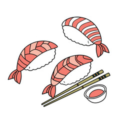 Vector set of three red nigiri sushi with wooden chopsticks and sauce