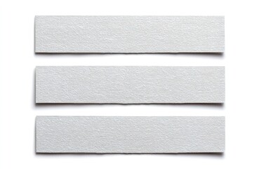 Three rectangular white paper strips, slightly textured, arranged horizontally