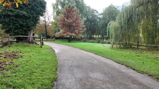 Handheld forward walking shot along autumn path at Leeds Castle UK