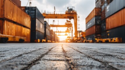 Fototapeta premium Busy shipping port at sunset with containers and cranes creating industrial background and vibrant light scenery