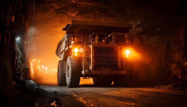 Large mining dump truck driving through underground tunnel illuminated by orange light