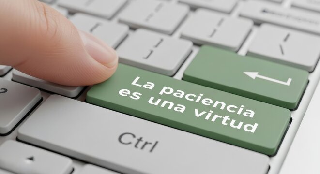 Macro Close-up of a Finger Pressing a Sage Green "La paciencia es una virtud" Keyboard Key on a Light Grey Modern Keyboard