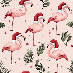 Obraz premium Flamingos wearing Santa hats in a simple design, Minimalist Christmas, Tropical Holiday Twist