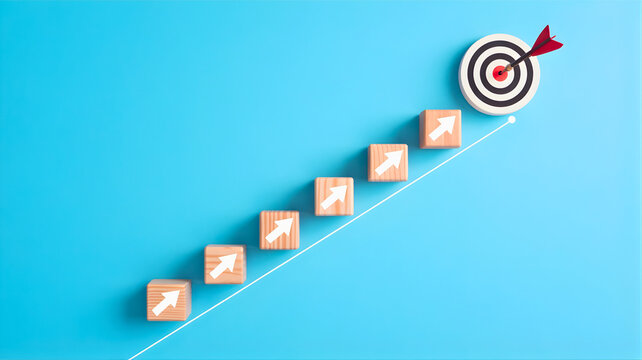 Upward trend graphic with target and rising cubes representing success and achievement