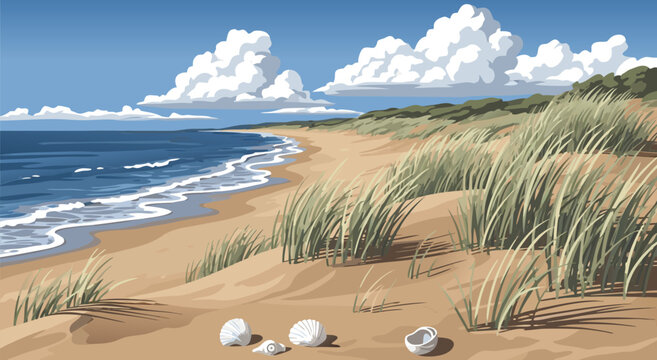 Peaceful vector illustration of sandy beach with scattered shells and dune grasses under blue sky