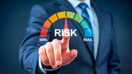 Fototapeta premium Businessman pointing to risk gauge, concept of risk assessment and financial management