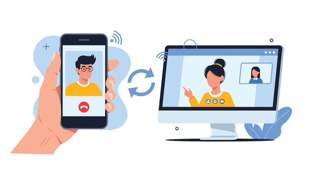 Digital communication concept showing a hand holding a smartphone synced with a computer monitor for a seamless video calling experience.