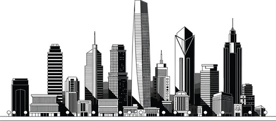 Black and White Modern City Skyline Vector Illustration with Skyscrapers, Urban Downtown Architecture Silhouette Panorama Design