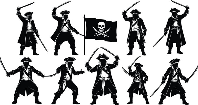 Black silhouette set of pirate captains and buccaneers holding swords and cutlasses with jolly roger flag for nautical adventure and maritime corsair design.