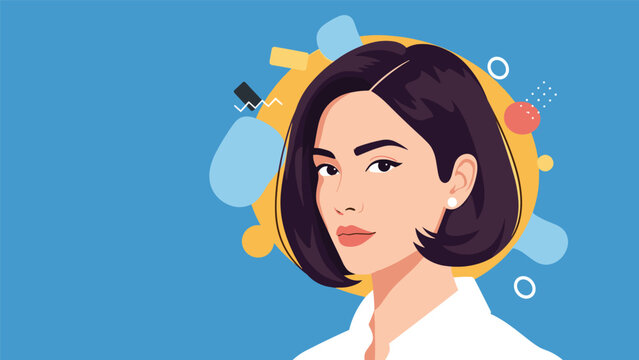 Modern portrait of a stylish young woman with short black hair and a white shirt set against a vibrant blue and yellow abstract background.