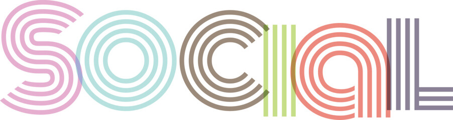 Social word illustration using vibrant line art typography and overlapping transparent elements in retro style for media © Md Asif Shahnaoaz