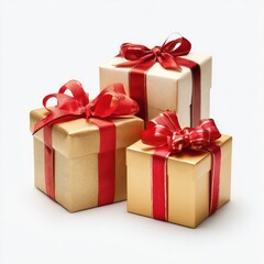 Fototapeta premium Three wrapped gift boxes with red ribbon on a white background, suggesting celebration