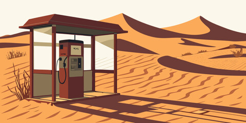 A small, rustic wooden hut stands alone in the vast, golden desert landscape. Vector © RABBY