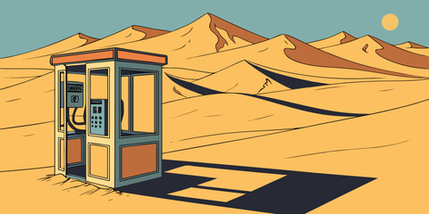 A lone telephone booth stands in the vast and barren desert landscape under a clear sky. Vector © RABBY