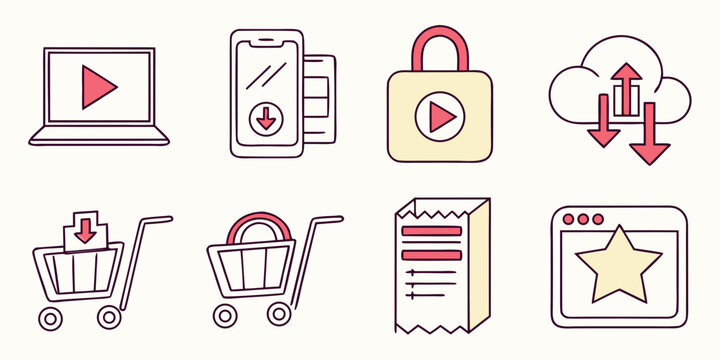 Icons representing various aspects of e-commerce and online shopping. Vector