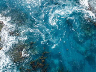 Fototapeta premium Aerial view of powerful ocean waves crashing against rocky coastline with swirling blue water.