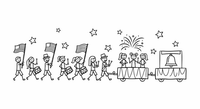 Simple drawing of a festive parade with children marching with flags and drums