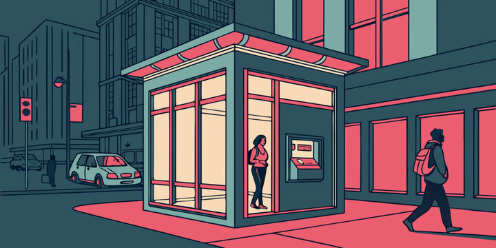 A vibrant and bustling street scene with a colorful building and neon lights. Vector