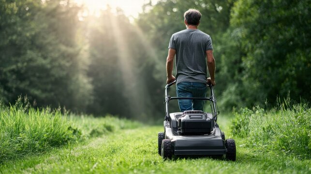 Man mowing the lawn in a sunny meadow