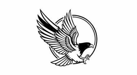 Obraz premium A black and white graphic of a bird of prey in flight with wings spread wide