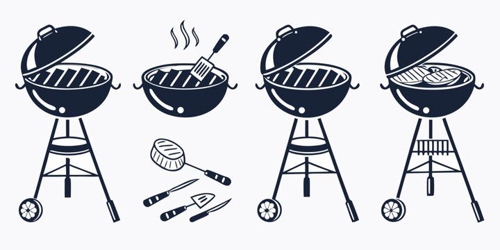 Four barbecue grills with different tools and food items illustrated Vector