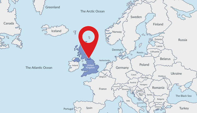 United Kingdom on the Europe map with pin location marker. Vector flat template.