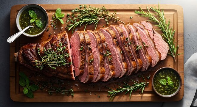 Juicy roast beef with fresh herbs ready for serving on a wooden board. pierna cordero