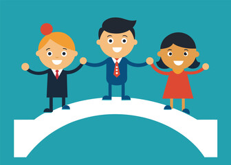 Three joyful business people stand on a white bridge with their arms raised in celebration.