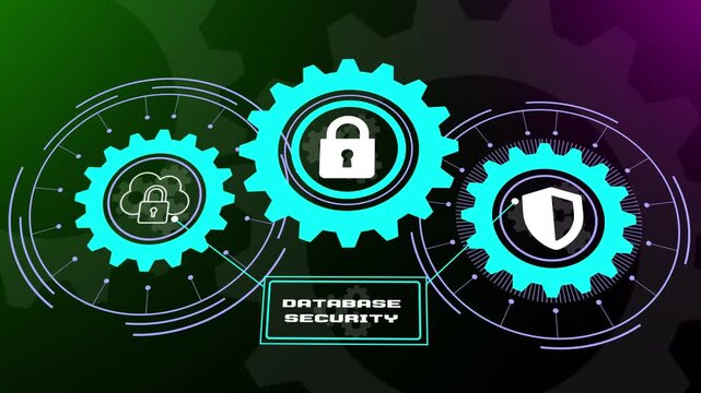 Database security and encrypted data storage protection, secure information management with digital lock, high tech server data safety background loop.