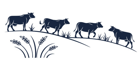 Fototapeta premium Four cows walking in a line across a grassy field with tall grass in the foreground Vector