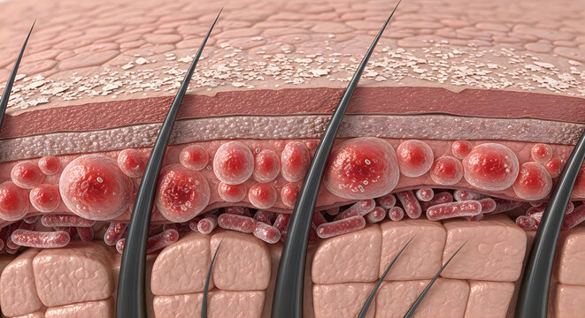 Close-up 3d render of human skin cells showing hair follicles and dermis layers, detailed medical illustration
