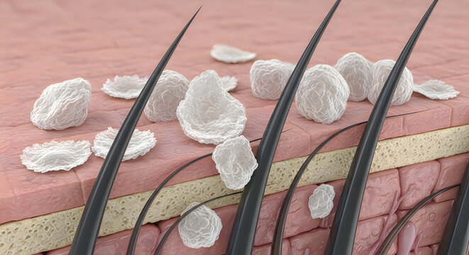 Close-up 3d render of dandruff on human scalp with healthy hair, medical illustration for dermatology and hair care concepts