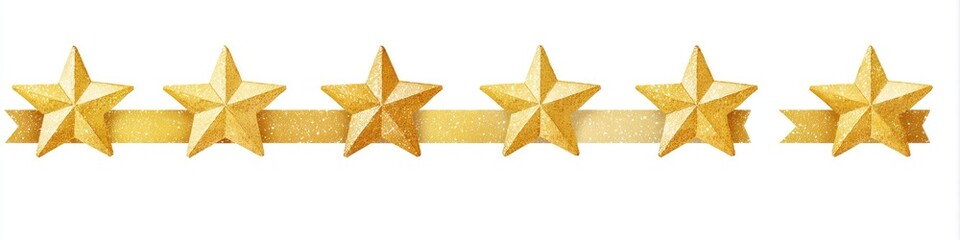 Five shiny gold stars displayed on a yellow ribbon against a white background