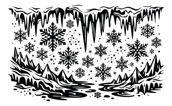 Graphic winter elements set featuring snowflakes, icicles and an icy landscape for seasonal designs