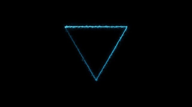 Blue glowing neon electric inverted triangle animation on black background with lightning energy spark effects.