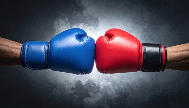 Closeup two man hands in red and blue boxing gloves hitting each other on isolated dark misty background
