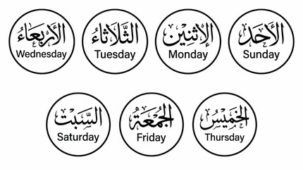 Obraz premium Arabic Days of the Week Vector – Bilingual Icons Featuring Sunday to Saturday in Arabic and English for Educational Graphics, Calendars, and Islamic School Projects