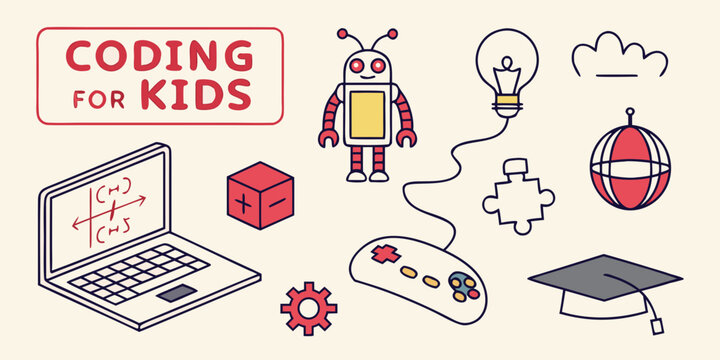 Children learning to code with interactive games and activities on various devices Vector