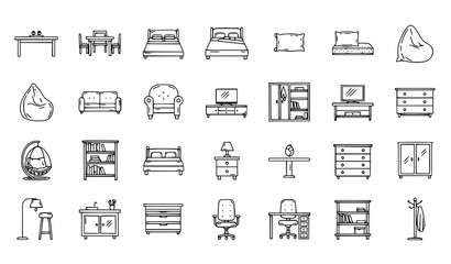 Furniture outline icon set with loft table, double bed, wardrobe closet and rattan swing chair