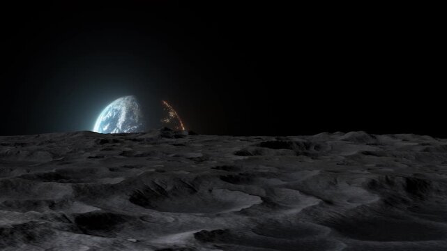 Bright Glowing Earthrise casting light on moon surface illuminating deep impact crators with dark shadows. Ideal for stories about sustainability, NASA's Artemis mission, lunar colonization.