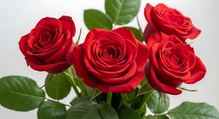 Obraz premium Vibrant red roses bouquet fresh blooming flowers with green leaves in soft natural light close-up