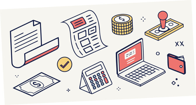 Illustration of various digital devices and tools for remote work and online collaboration Vector