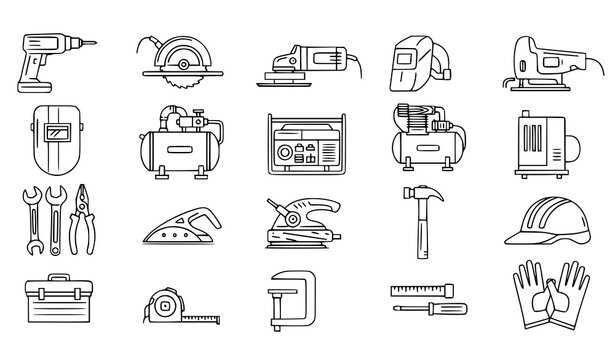 Editable stroke line icon set of power tools, woodworking instruments and industrial machinery