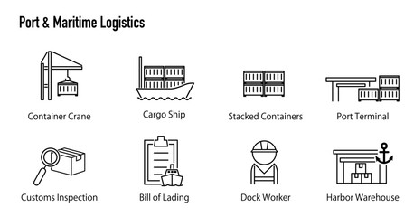 Port & Maritime Logistics icons./ 港湾・海上物流のシンプルなアイコンセット。