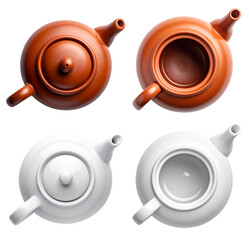 group of top view of brown and white teapots with and without lids isolated on white